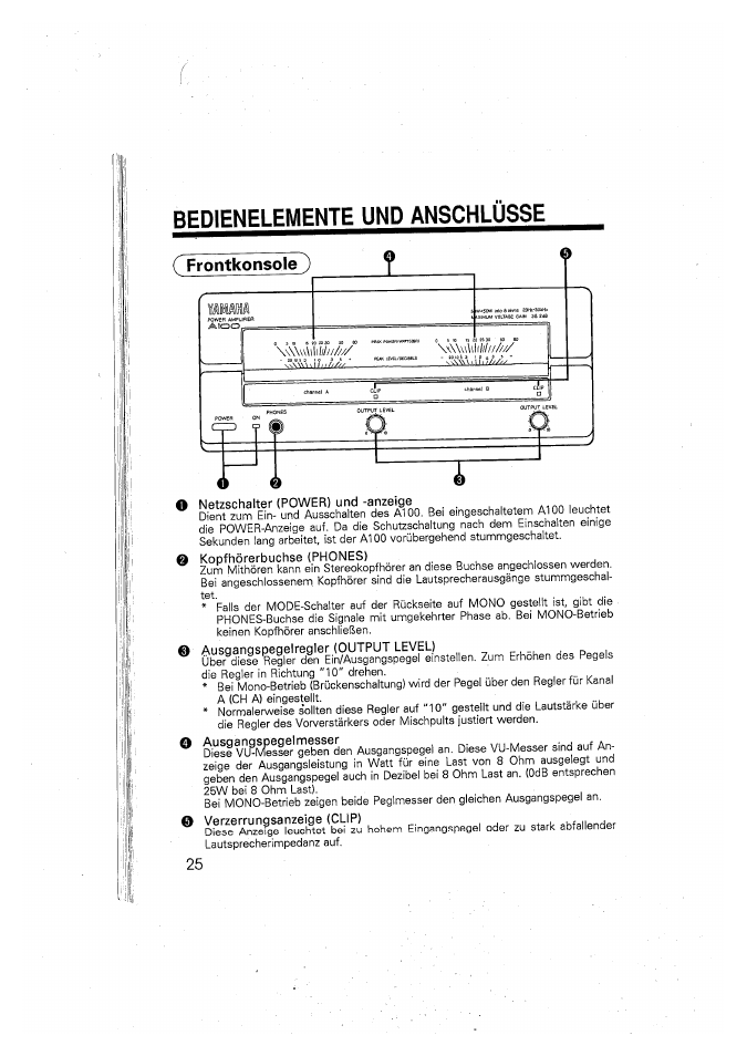 Bedienelemente und anschlüsse, O netzschalter (power) und -anzeige, Kopfhörerbuchse (phones) | Ausgangspegelregler (output level), O ausgangspegelmesser, O verzerrungsanzeige (clip) | Yamaha A100 User Manual | Page 26 / 32