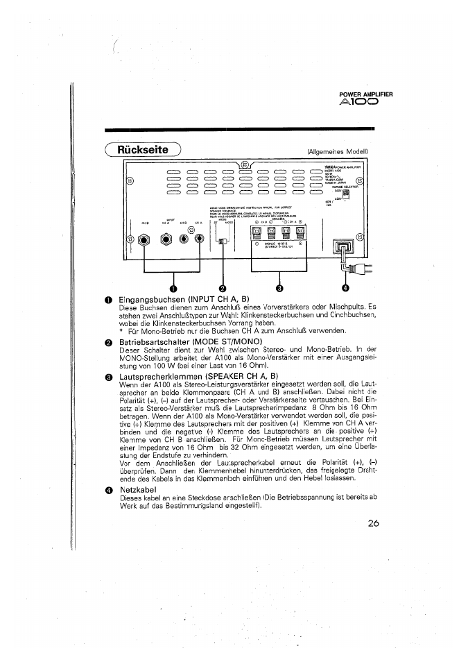 0 betriebsartschalter (mode st/mono), Lautsprecherklemmen (speaker ch a, b), O netzkabel | Rückseite ) 0 | Yamaha A100 User Manual | Page 27 / 32