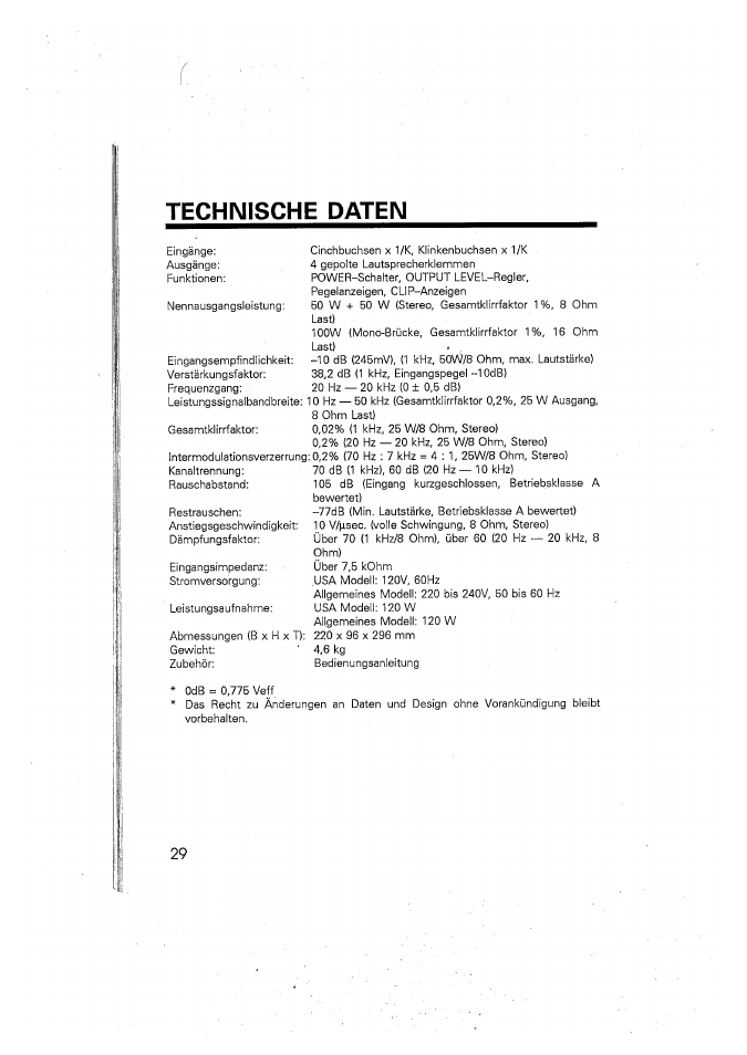 Technische daten | Yamaha A100 User Manual | Page 30 / 32