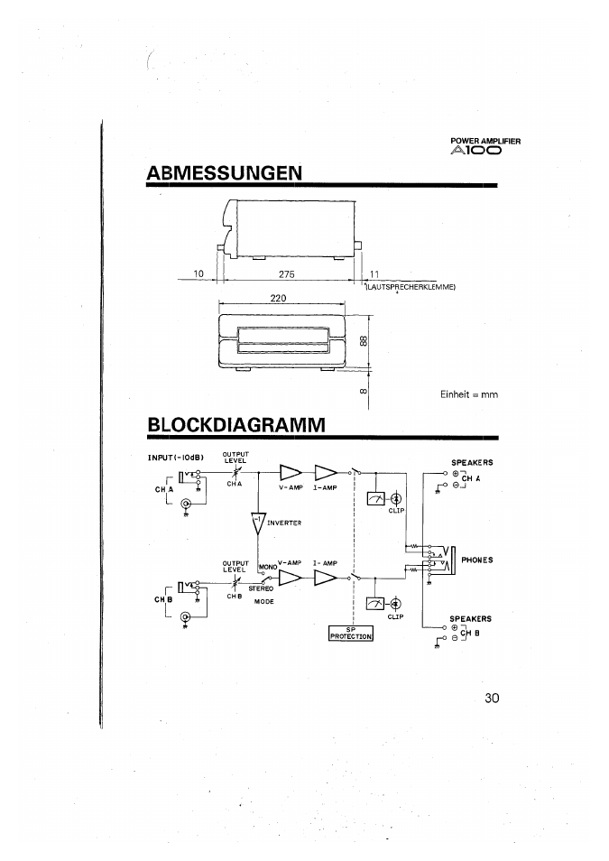 Abmessungen, Blockdiagramm | Yamaha A100 User Manual | Page 31 / 32