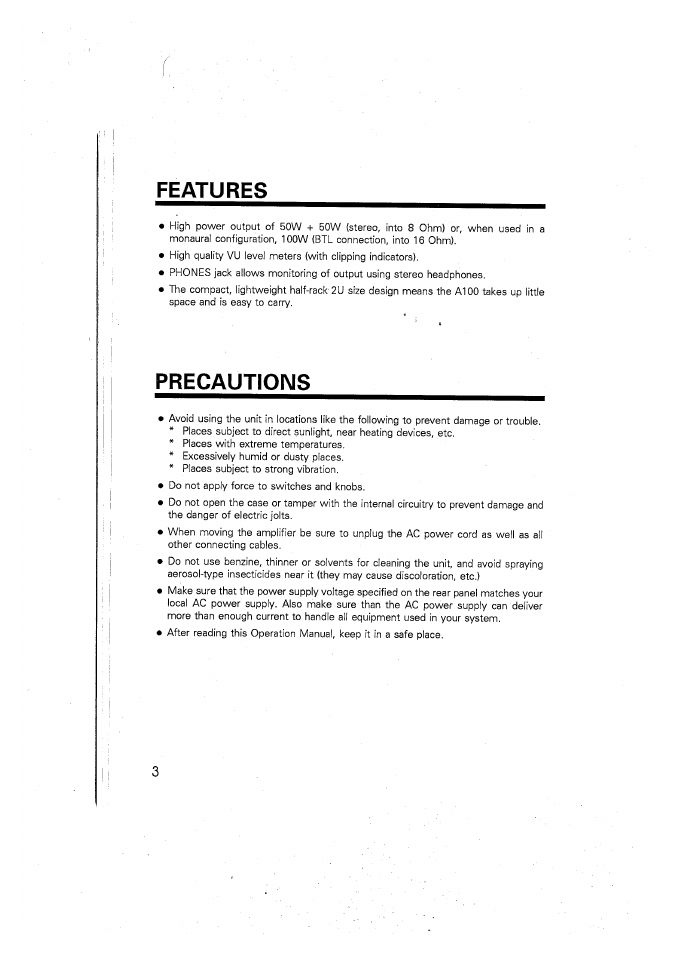 Features, Precautions | Yamaha A100 User Manual | Page 4 / 32