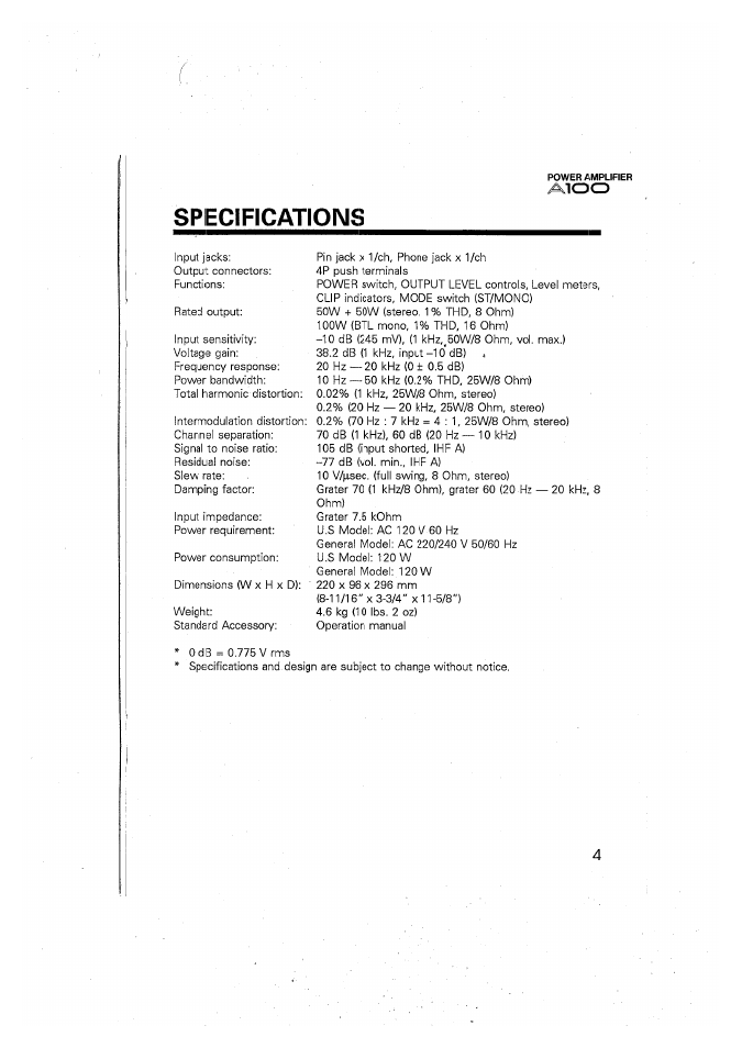 Specifications | Yamaha A100 User Manual | Page 5 / 32
