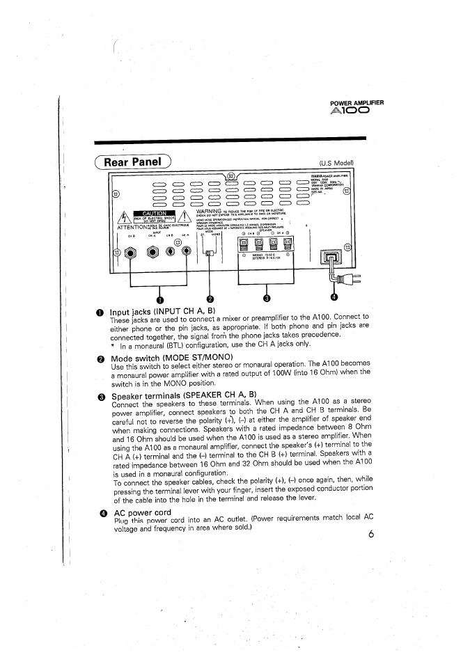 E mode switch (mode st/mono), Speaker terminals (speaker ch a, b), O ac power cord | Rear panel ) | Yamaha A100 User Manual | Page 7 / 32