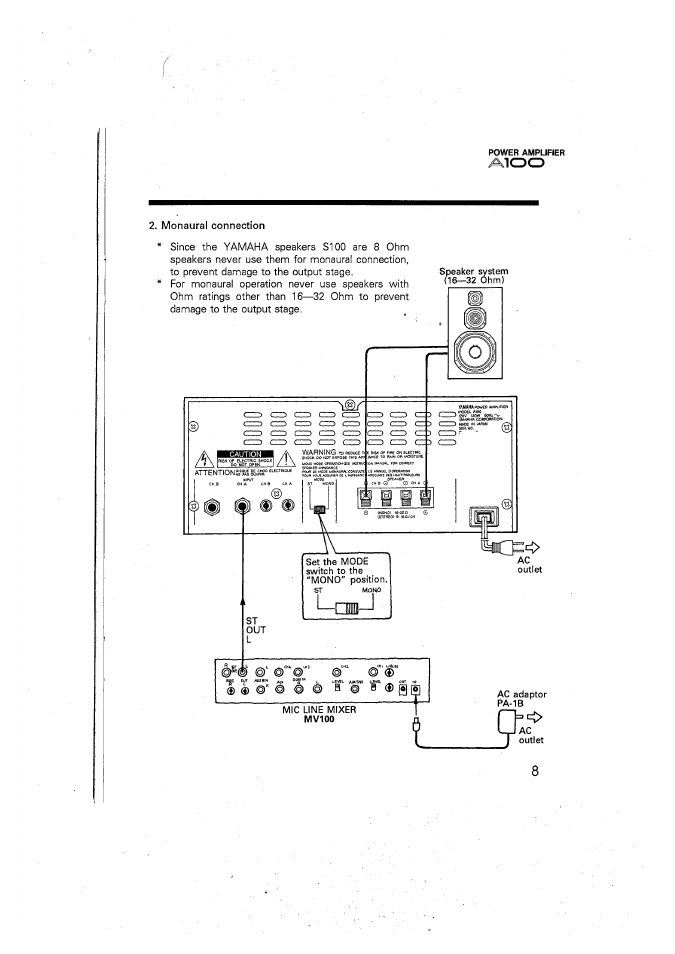 Monaural connection | Yamaha A100 User Manual | Page 9 / 32