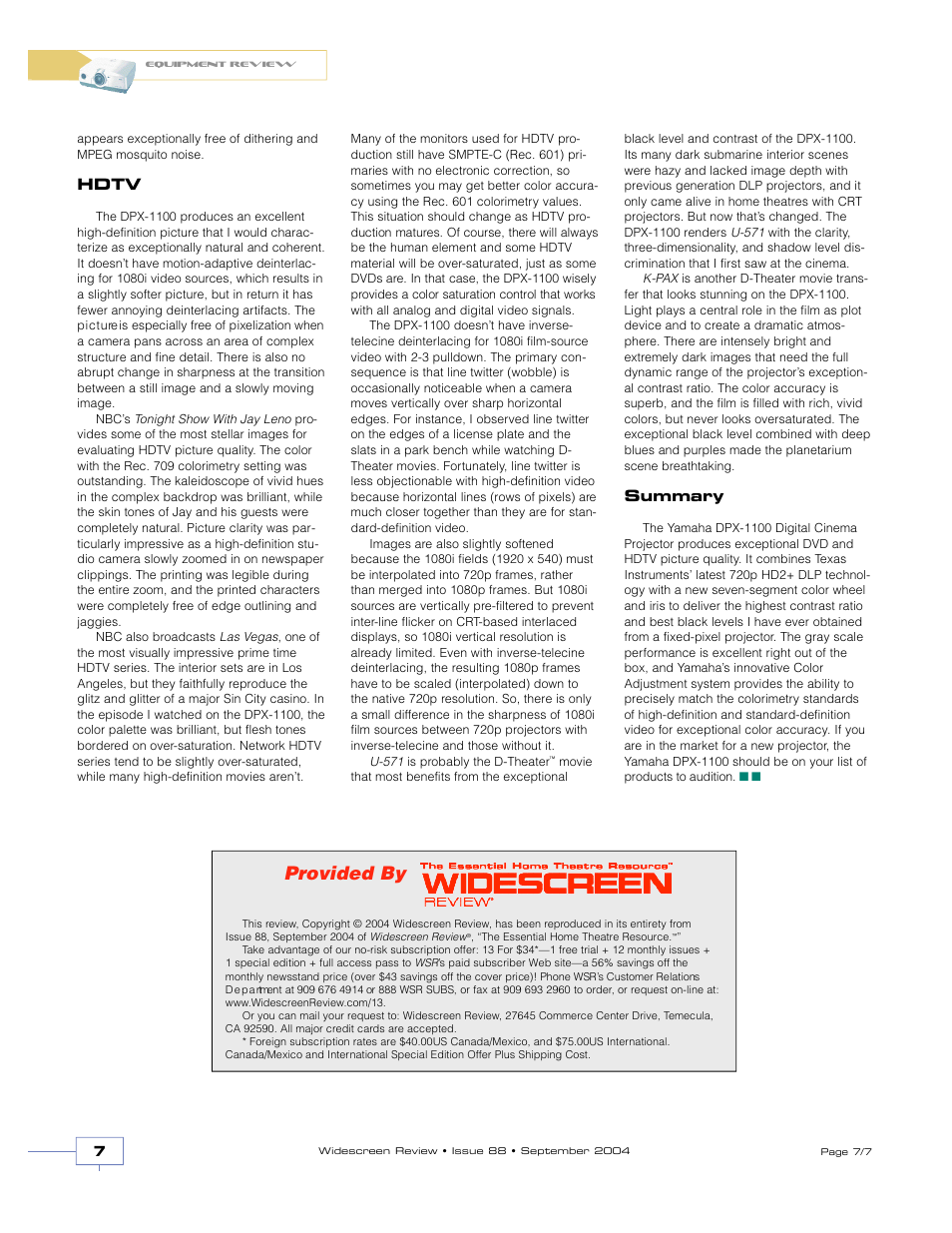 Provided by, Hdtv, Summary | Yamaha DPX-1100 User Manual | Page 7 / 7