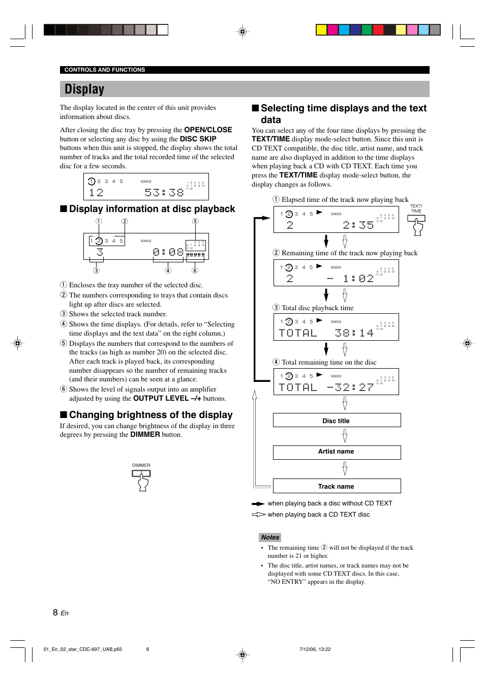 Display, Display information at disc playback, Changing brightness of the display | Selecting time displays and the text data | Yamaha CDC-697 User Manual | Page 12 / 32