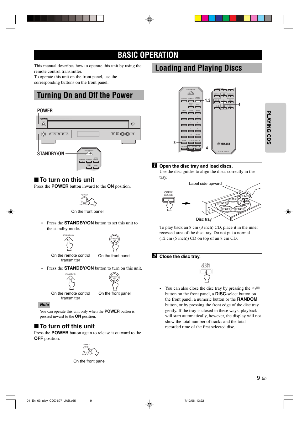 Basic operation, Turning on and off the power, Loading and playing discs | English pla ying cds, Standby/on power, Standby /on power on off, Playxchange | Yamaha CDC-697 User Manual | Page 13 / 32