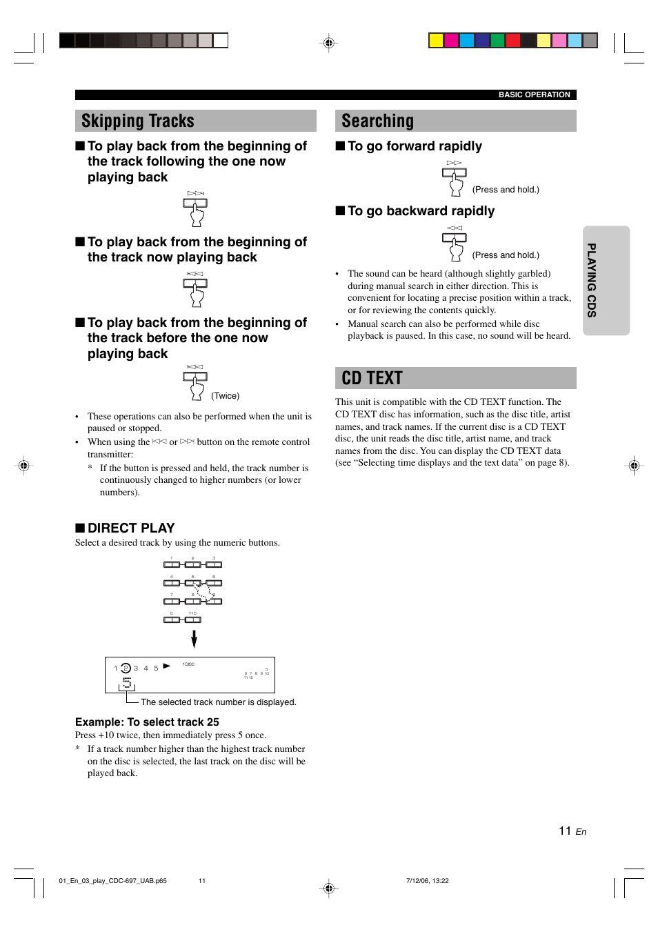 Skipping tracks, Searching, Cd text | Direct play, English pla ying cds, Example: to select track 25 | Yamaha CDC-697 User Manual | Page 15 / 32