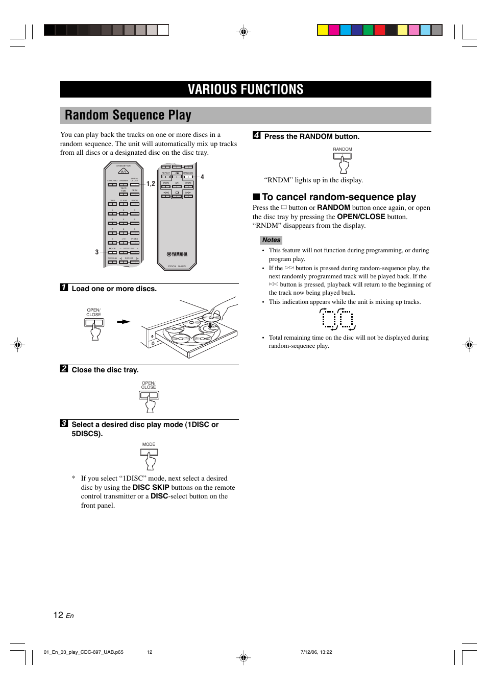 Various functions, Random sequence play, Various functions random sequence play | Load one or more discs, Close the disc tray | Yamaha CDC-697 User Manual | Page 16 / 32