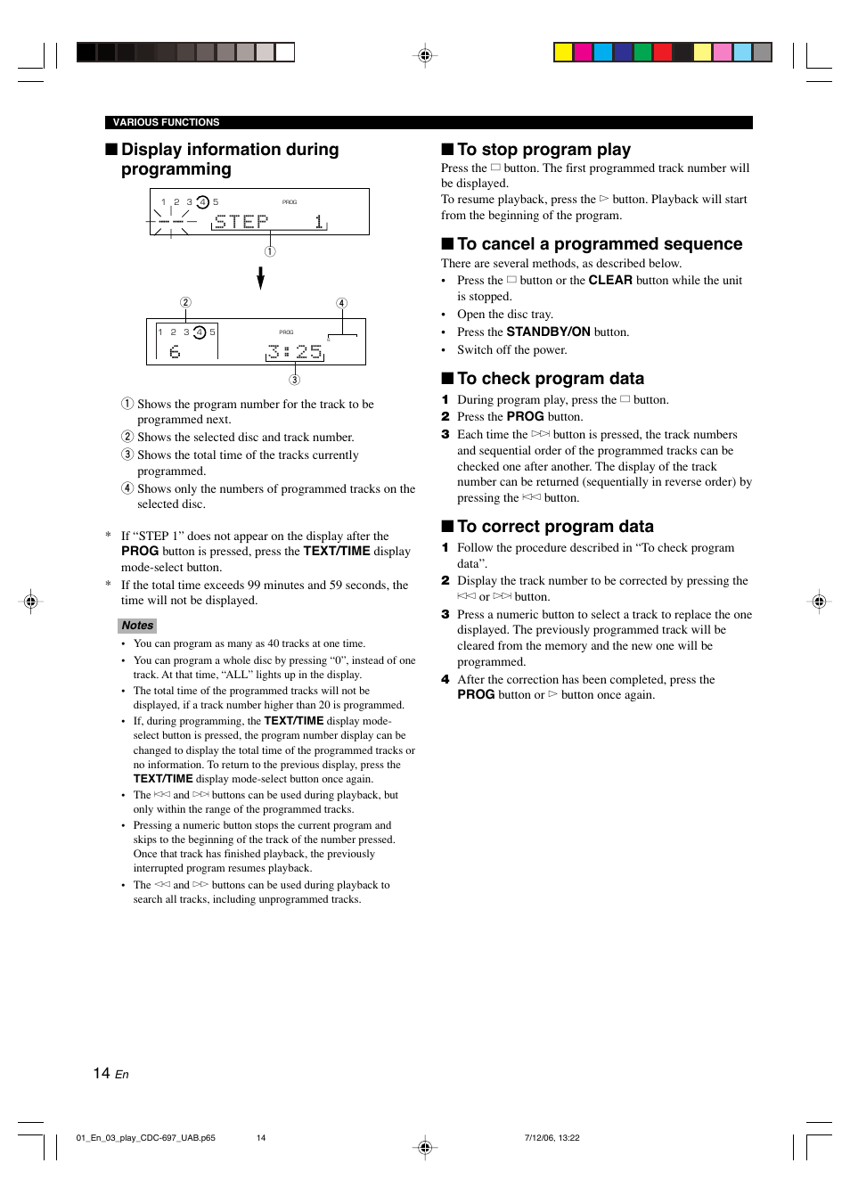 Display information during programming, 6 s t e 3 : 2 5 | Yamaha CDC-697 User Manual | Page 18 / 32