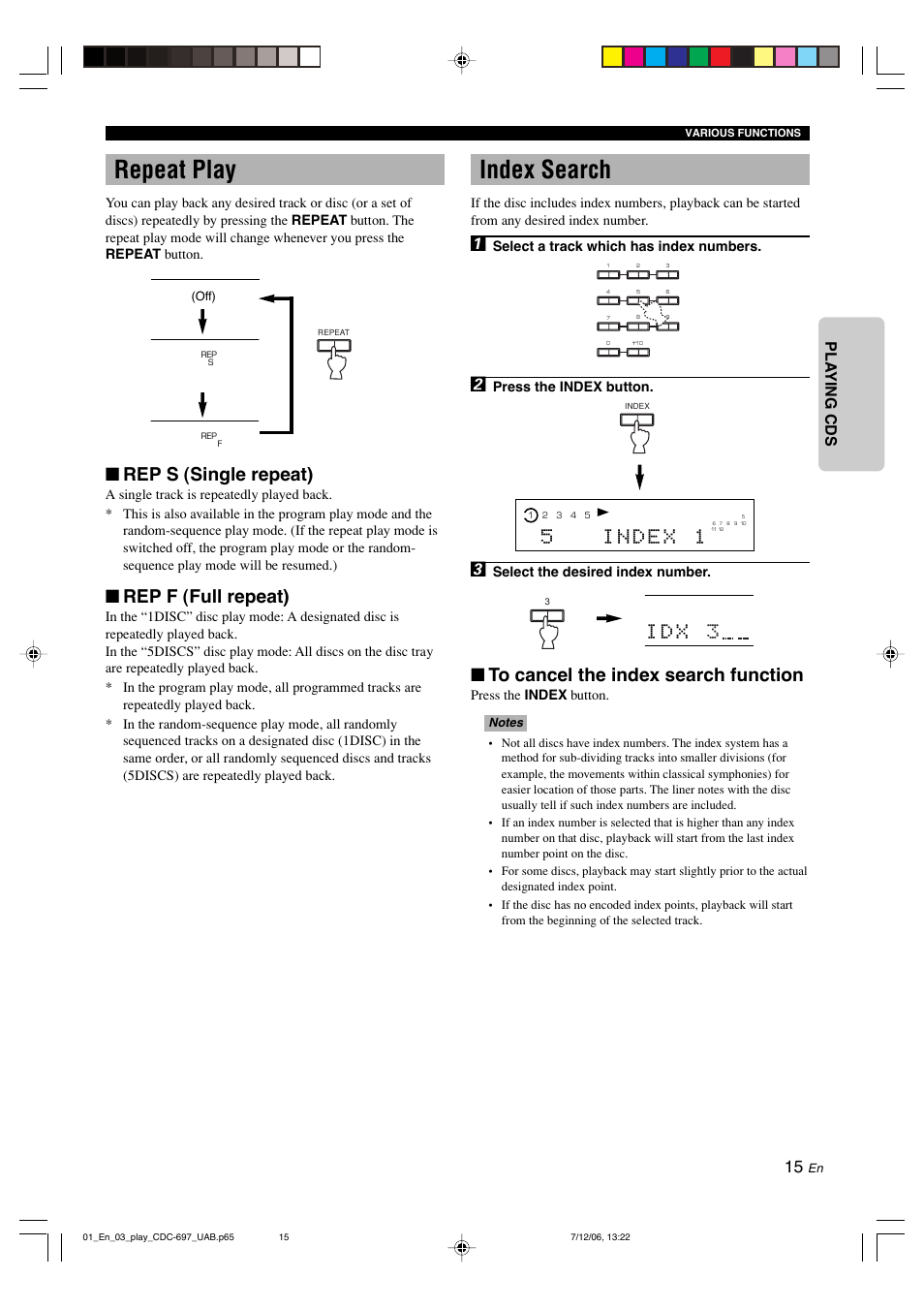 Repeat play, Index search, Rep s (single repeat) | Rep f (full repeat), I d x 3, English pla ying cds | Yamaha CDC-697 User Manual | Page 19 / 32