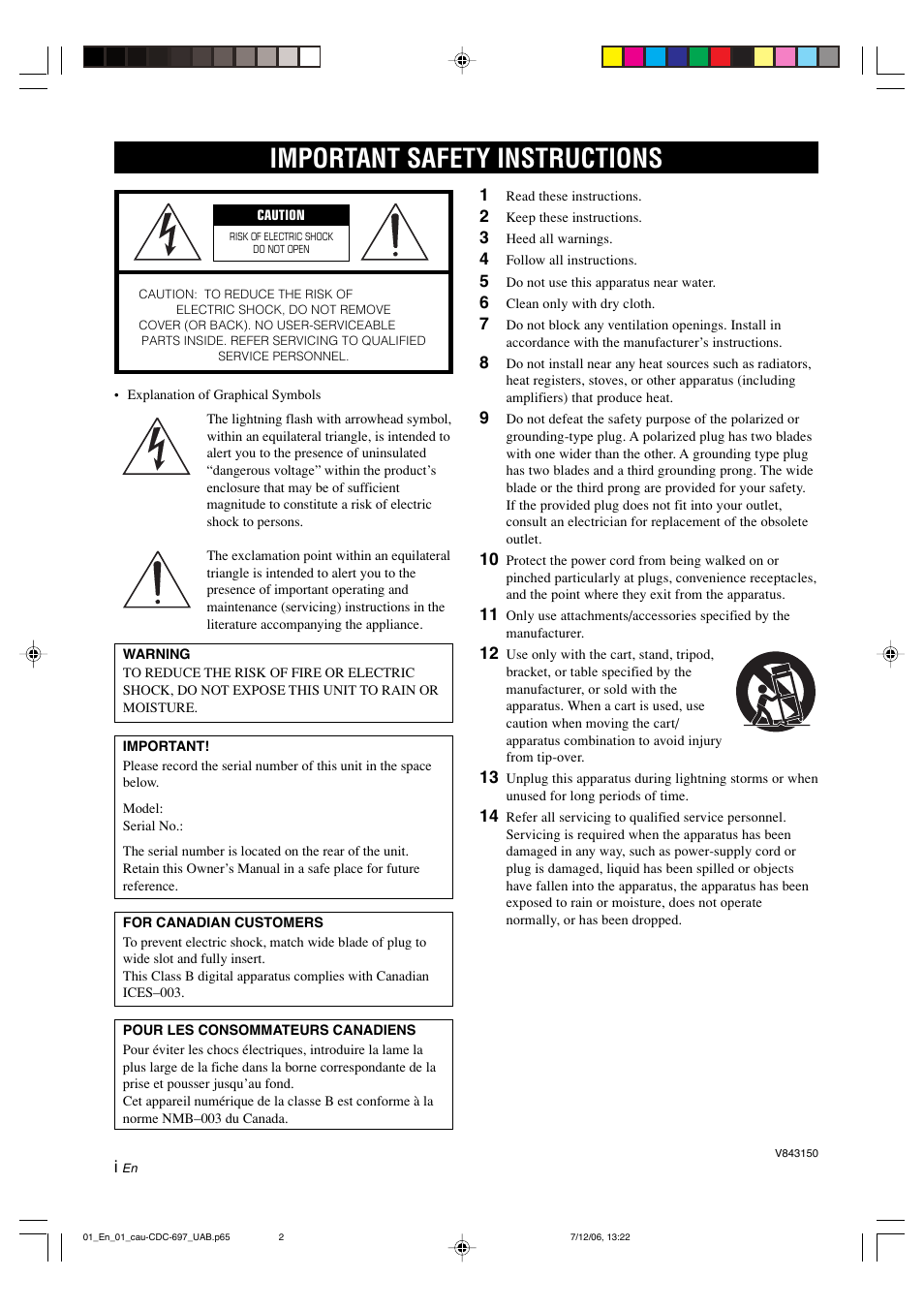 Important safety instructions | Yamaha CDC-697 User Manual | Page 2 / 32