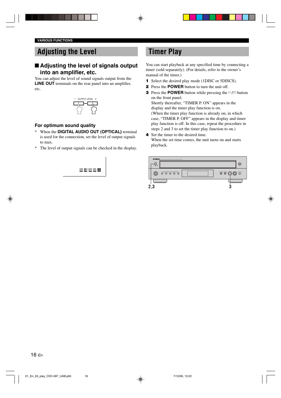 Adjusting the level, Timer play | Yamaha CDC-697 User Manual | Page 20 / 32