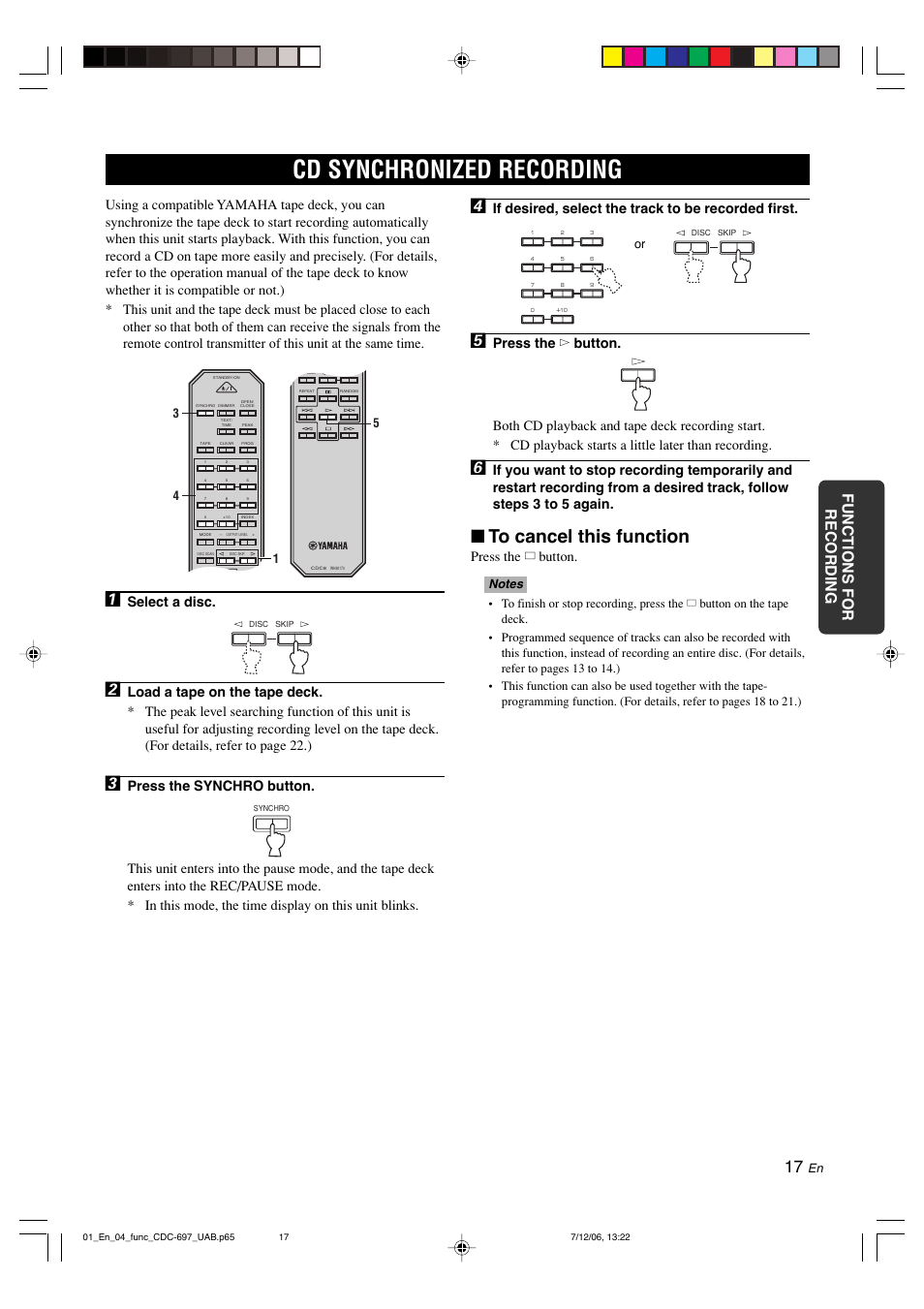 Cd synchronized recording, English functions for recording, Select a disc | If desired, select the track to be recorded first, Press the a button | Yamaha CDC-697 User Manual | Page 21 / 32