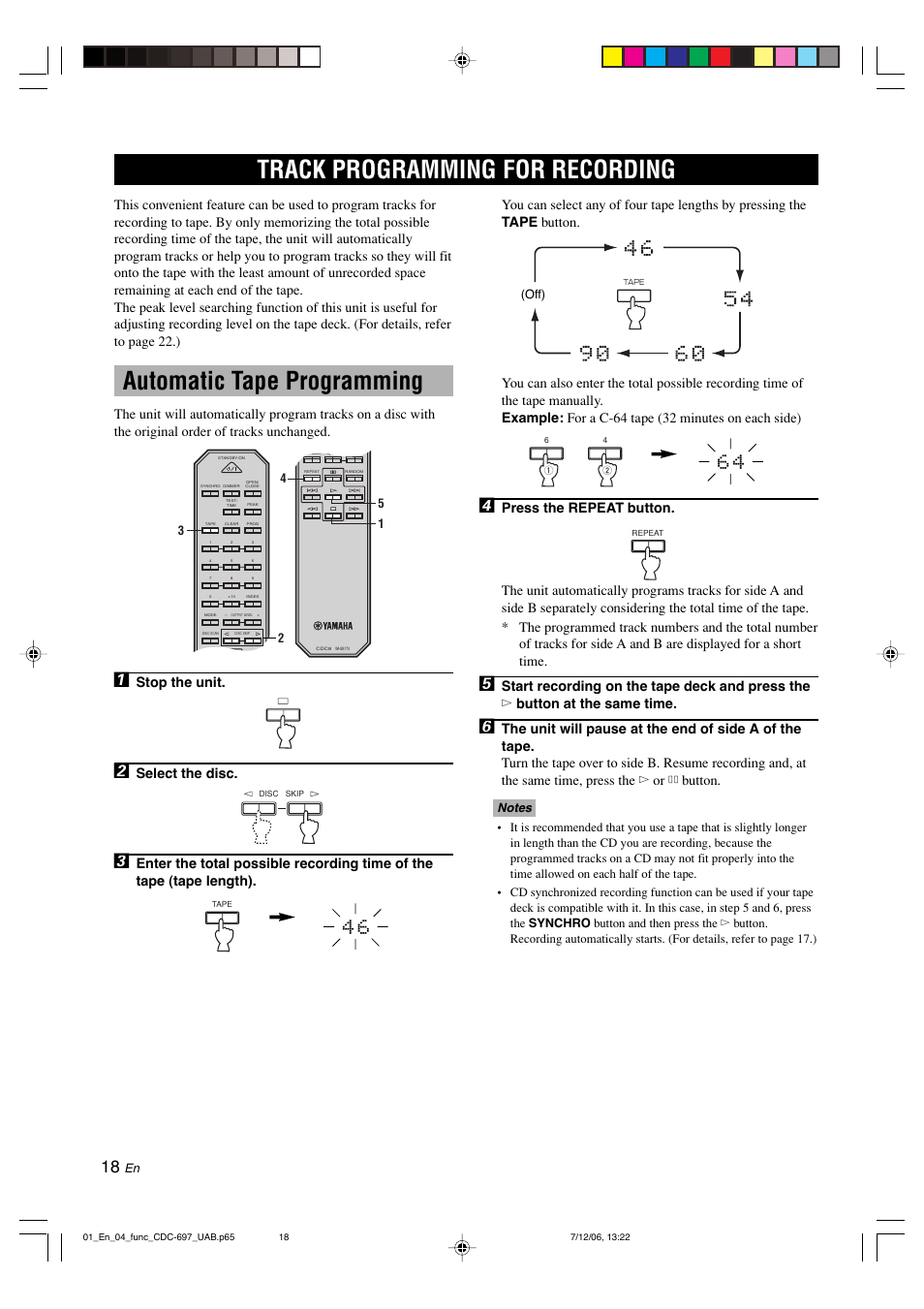 Track programming for recording, Automatic tape programming, Stop the unit | Select the disc | Yamaha CDC-697 User Manual | Page 22 / 32