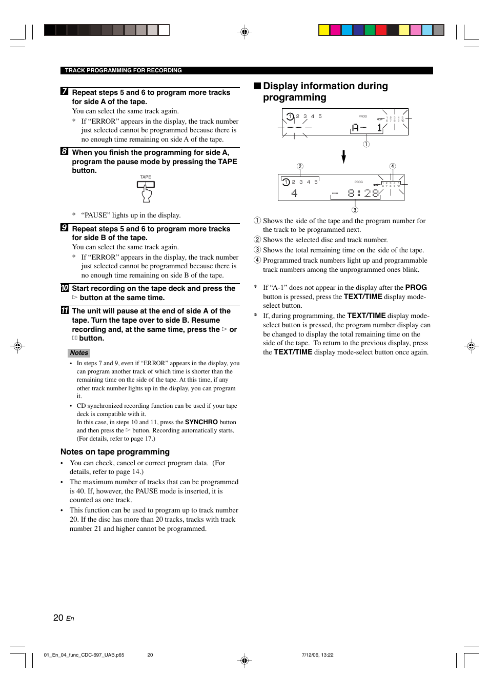 Display information during programming, A - 1 | Yamaha CDC-697 User Manual | Page 24 / 32