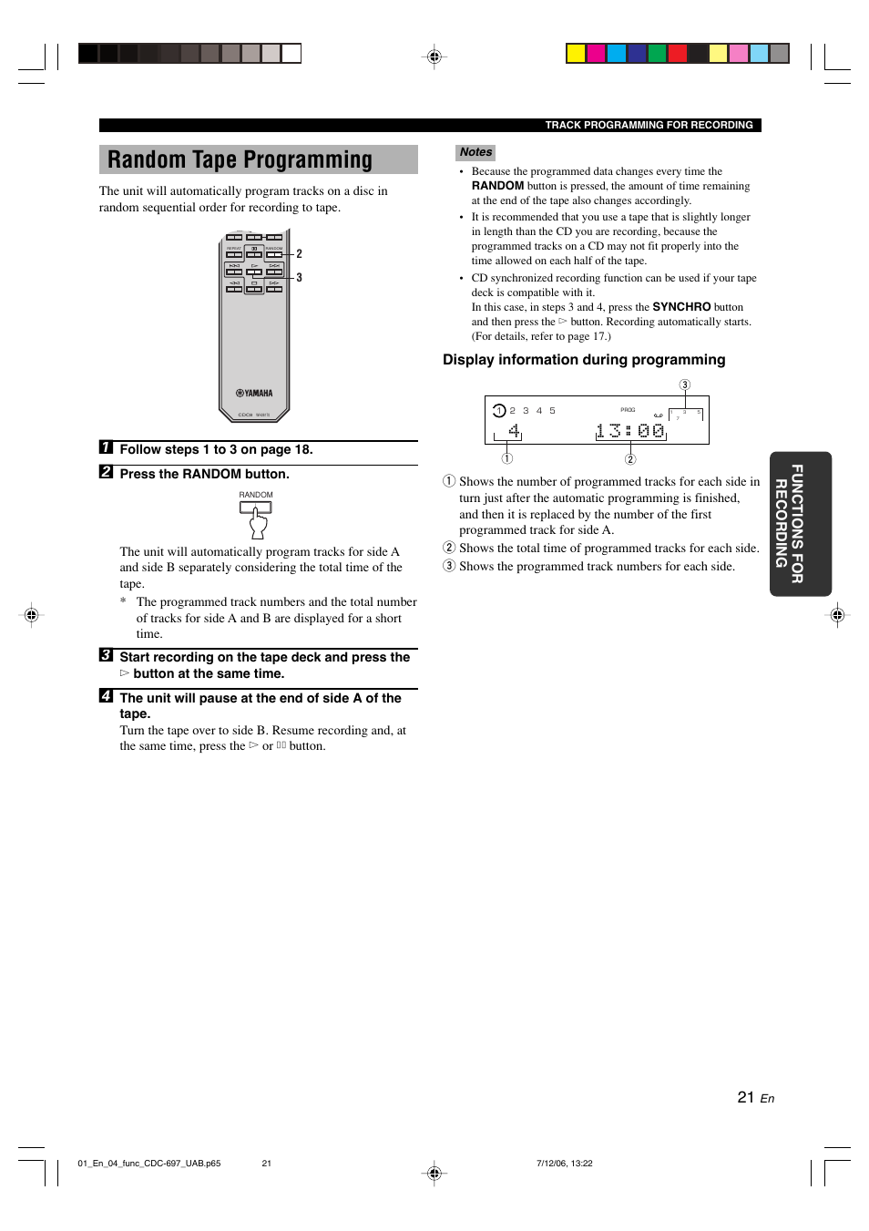 Random tape programming, English functions for recording, Display information during programming | Yamaha CDC-697 User Manual | Page 25 / 32