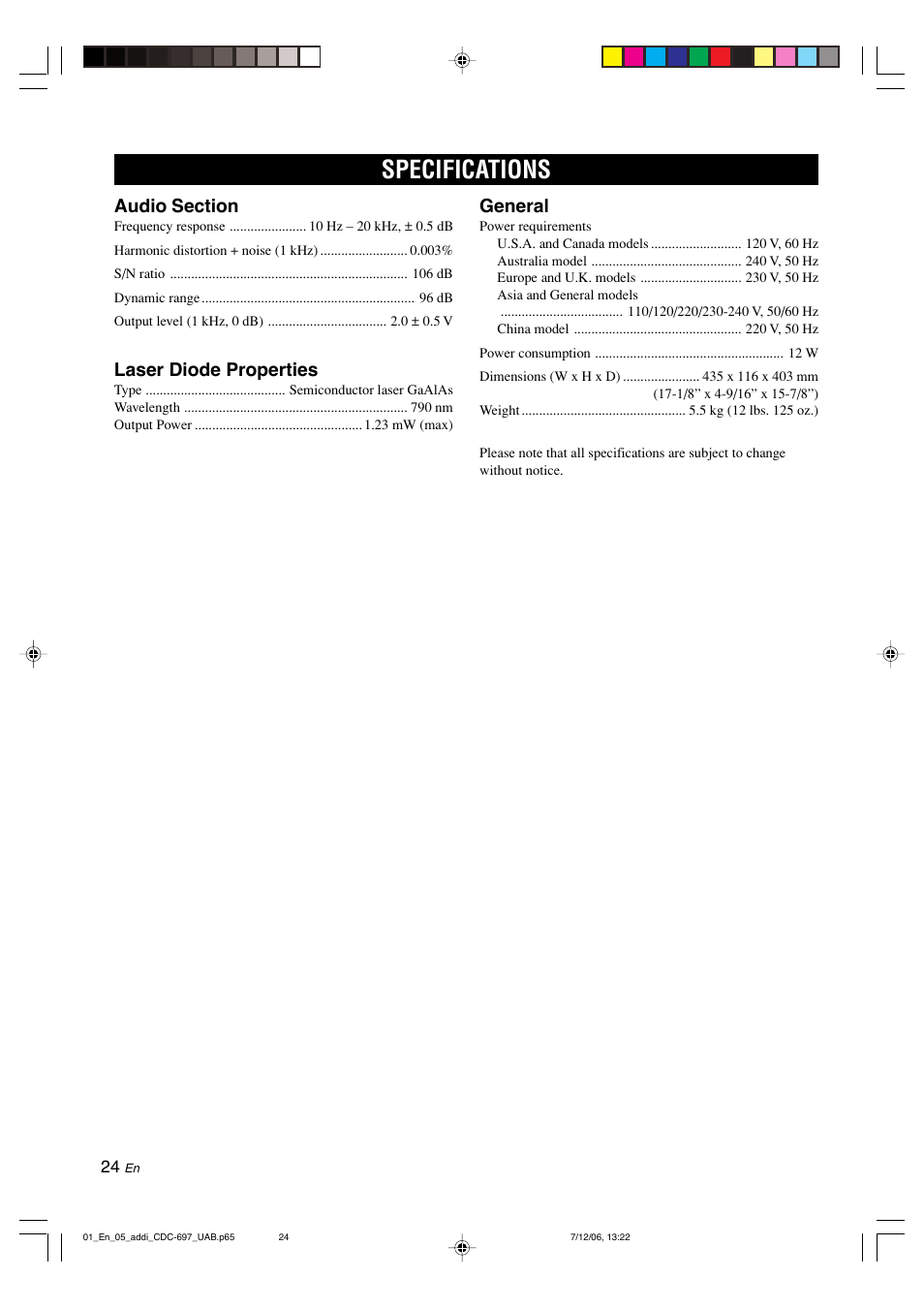 Specifications, Laser diode properties, General | Yamaha CDC-697 User Manual | Page 28 / 32