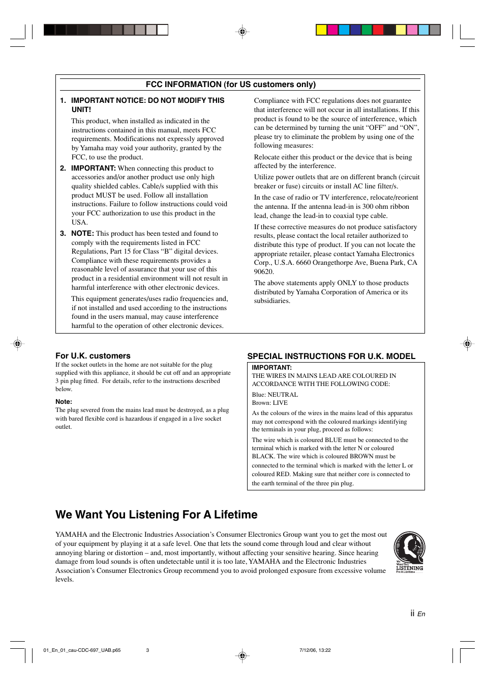 We want you listening for a lifetime | Yamaha CDC-697 User Manual | Page 3 / 32