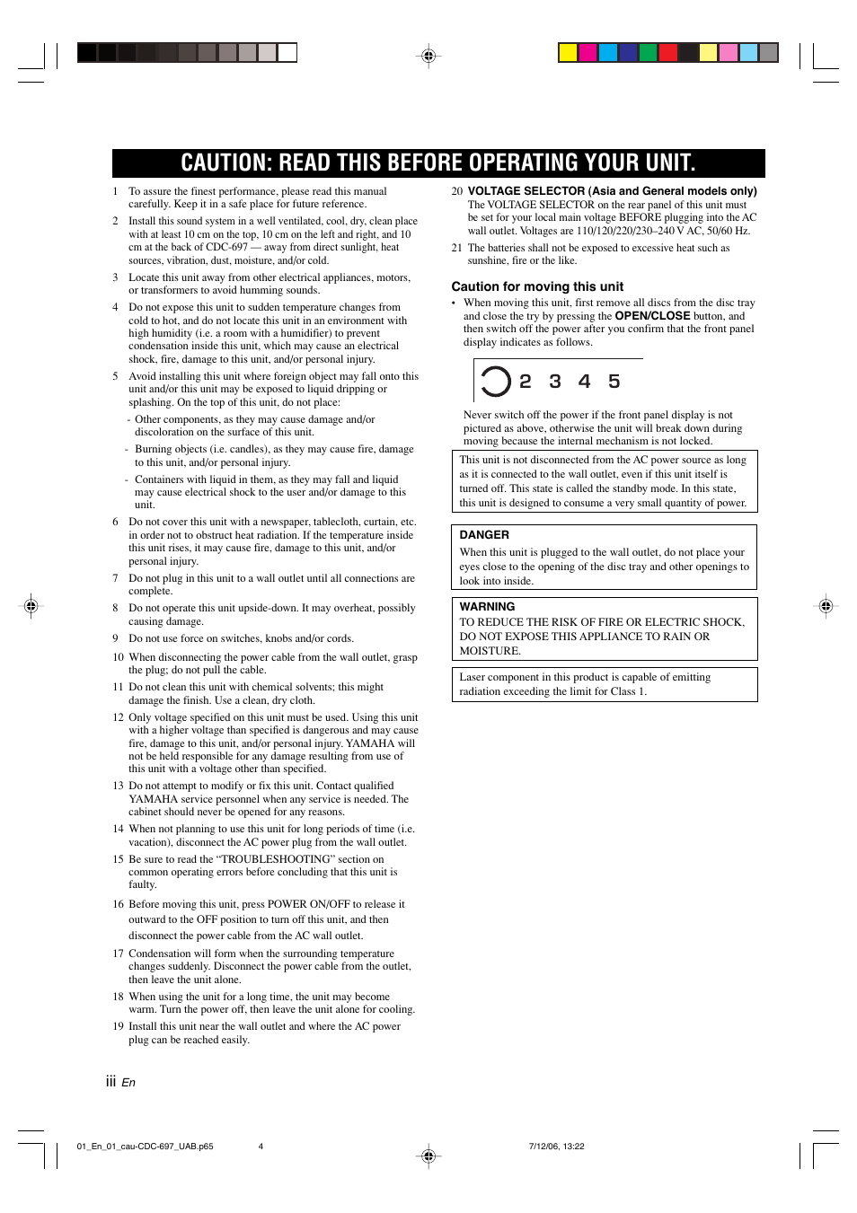 Caution: read this before operating your unit | Yamaha CDC-697 User Manual | Page 4 / 32