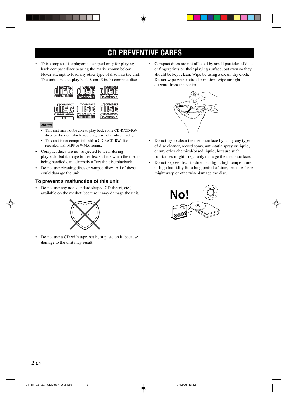 Cd preventive cares | Yamaha CDC-697 User Manual | Page 6 / 32