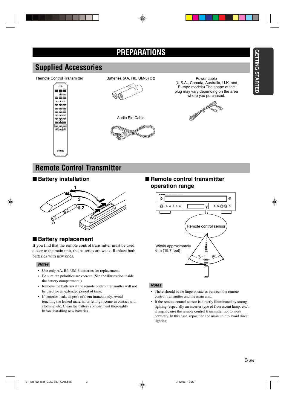 Preparations, Supplied accessories, Remote control transmitter | Battery installation ■ battery replacement, Remote control transmitter operation range, Getting st arted english | Yamaha CDC-697 User Manual | Page 7 / 32