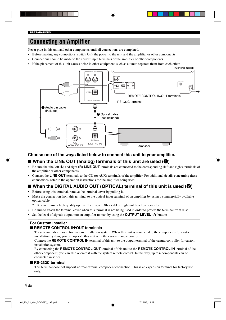 Connecting an amplifier, Rs-232c terminal | Yamaha CDC-697 User Manual | Page 8 / 32