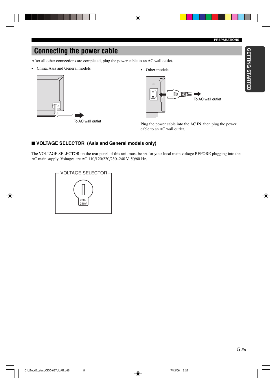 Connecting the power cable | Yamaha CDC-697 User Manual | Page 9 / 32