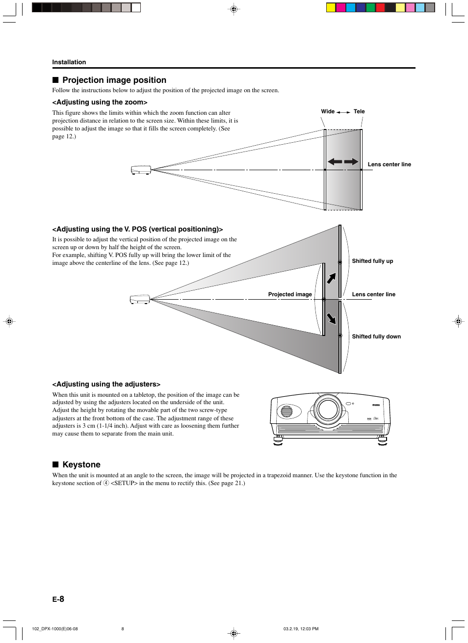Projection image position, Keystone | Yamaha DPX-1000 User Manual | Page 13 / 45