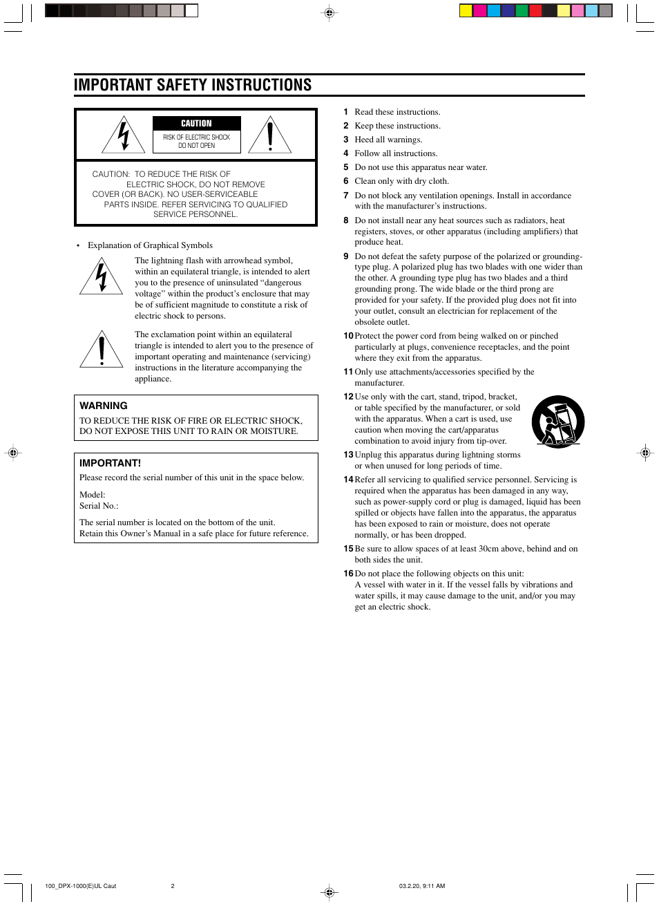 Important safety instructions | Yamaha DPX-1000 User Manual | Page 2 / 45