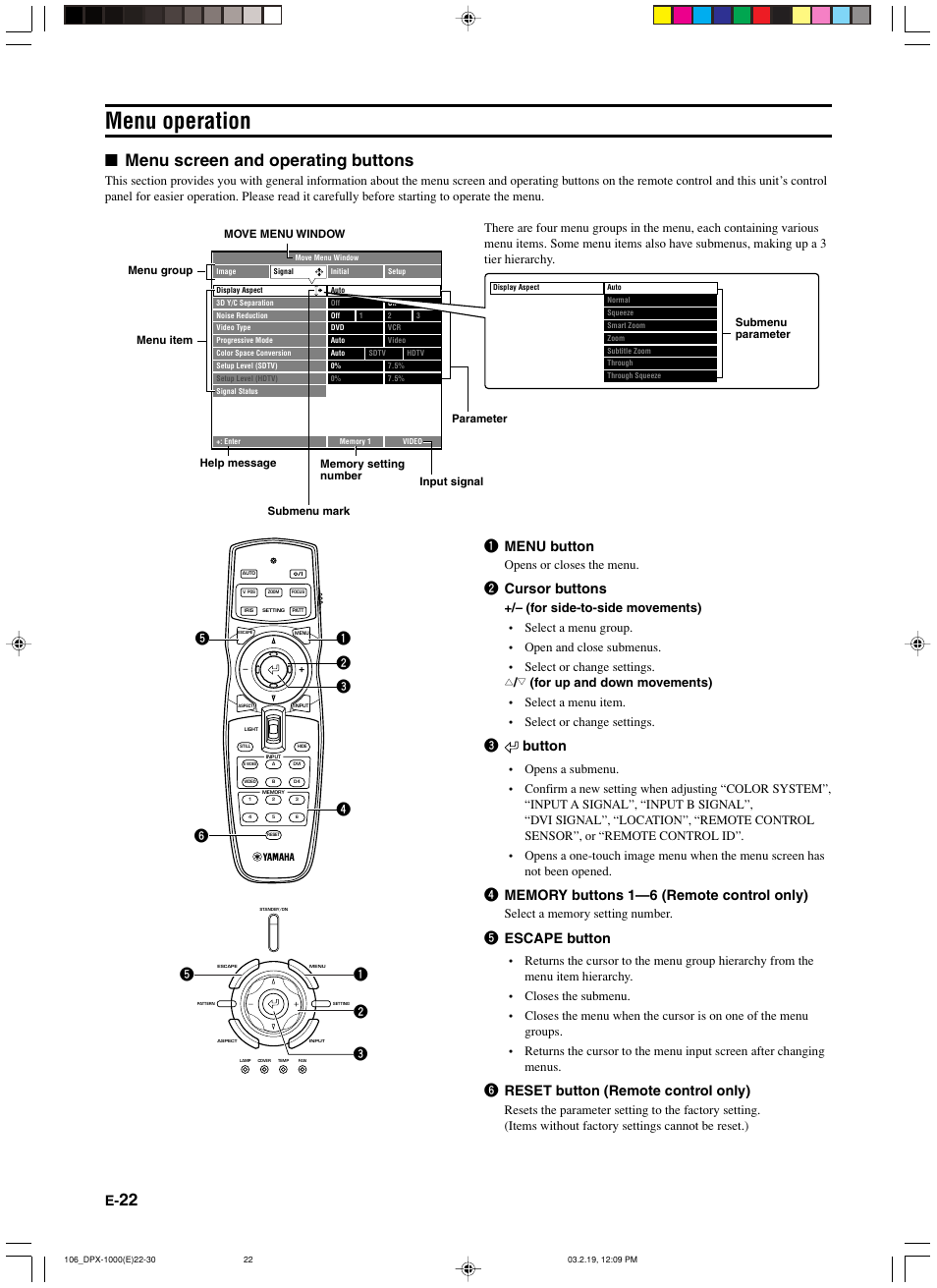 Menu operation, Menu screen and operating buttons, 1 menu button | 2 cursor buttons, 3button, 5 escape button, 6 reset button (remote control only), Opens or closes the menu | Yamaha DPX-1000 User Manual | Page 27 / 45