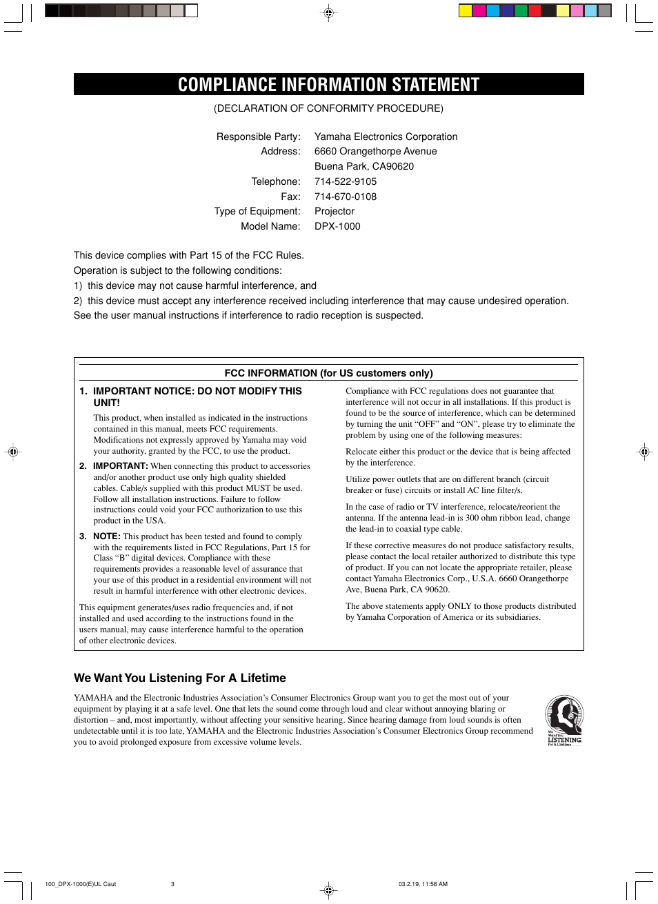 Compliance information statement | Yamaha DPX-1000 User Manual | Page 3 / 45