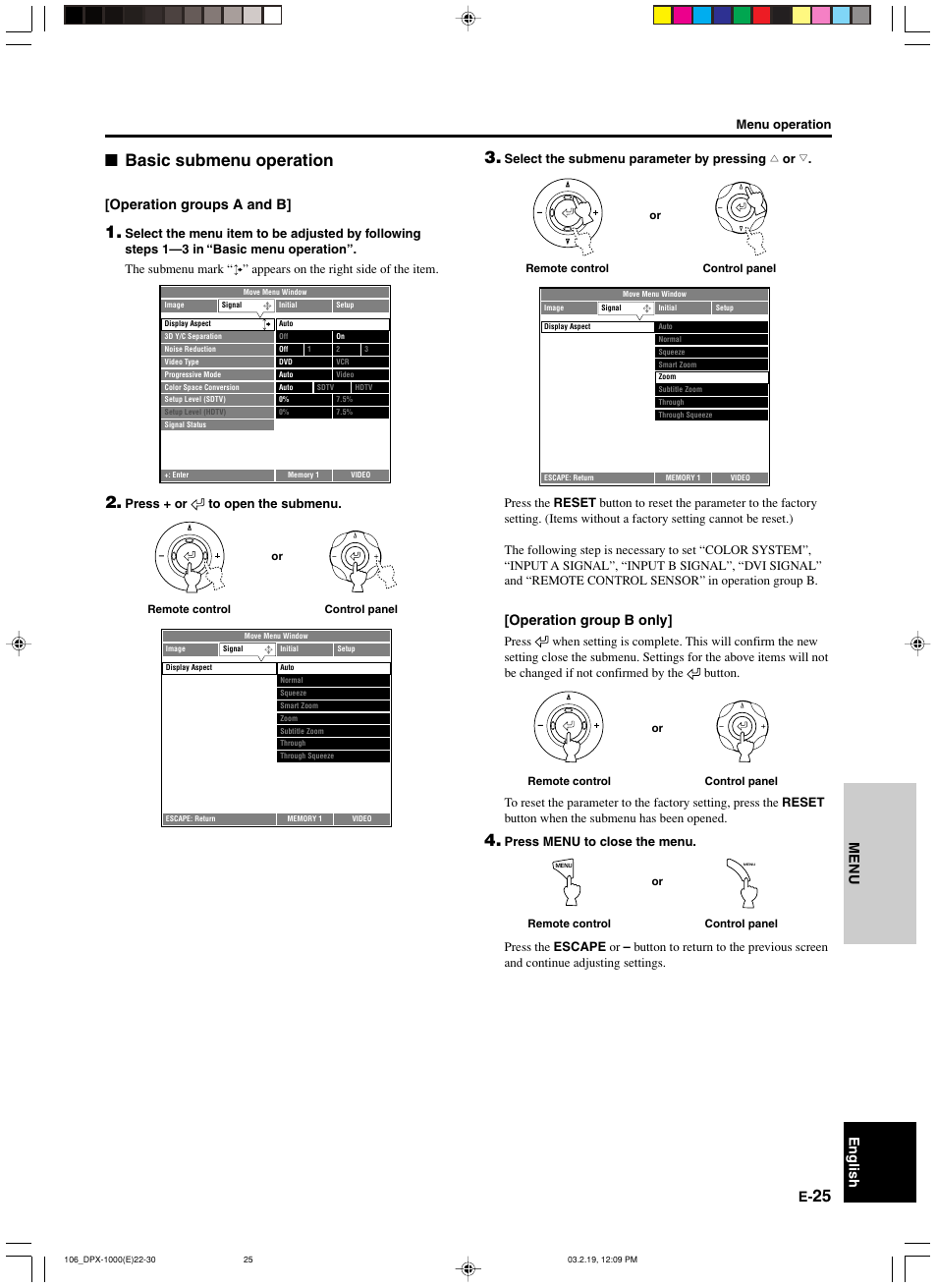 Basic submenu operation, Menu english, Operation group b only | Operation groups a and b, Menu operation, Press + or to open the submenu | Yamaha DPX-1000 User Manual | Page 30 / 45