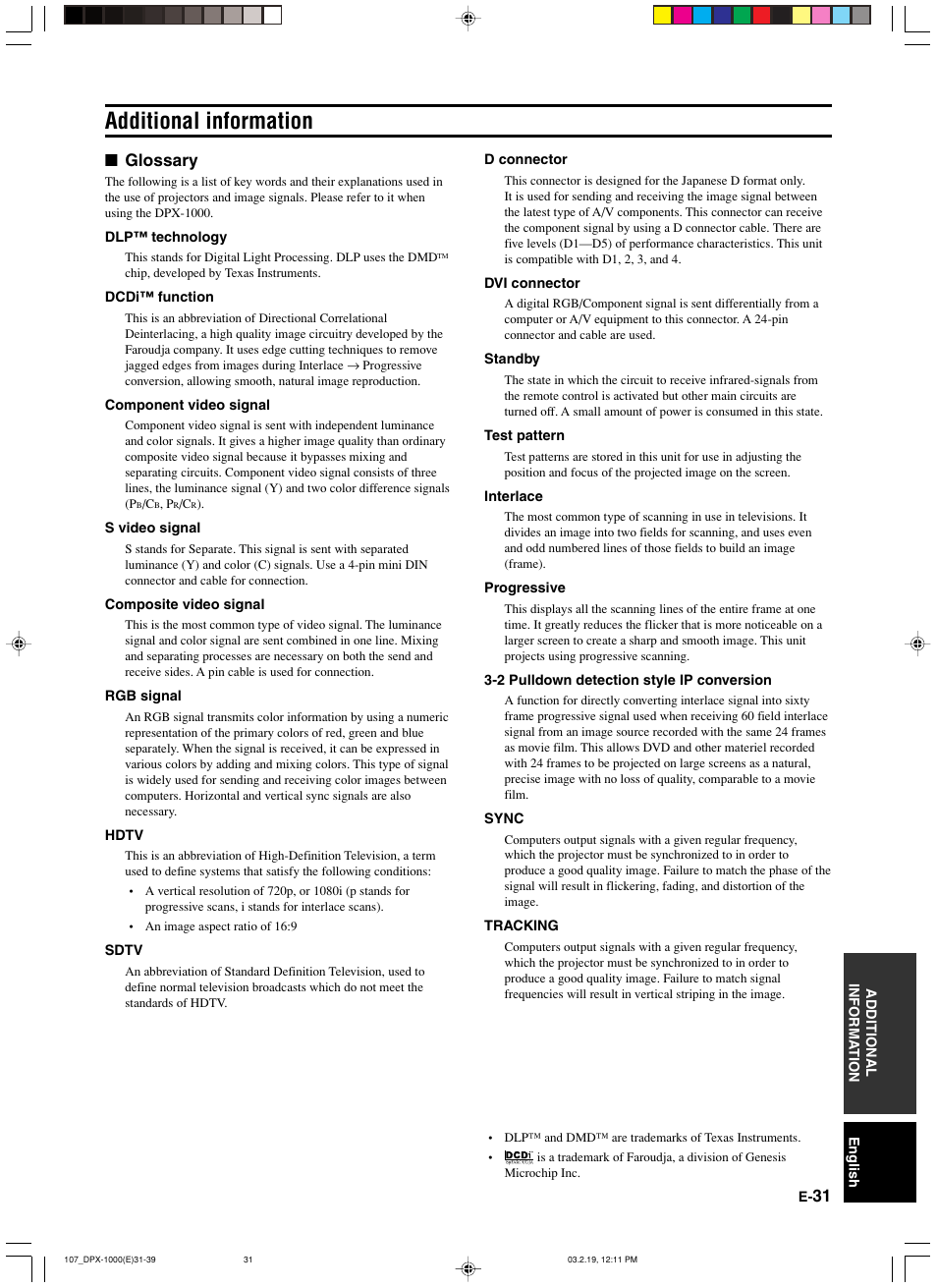 Additional information, Glossary | Yamaha DPX-1000 User Manual | Page 36 / 45