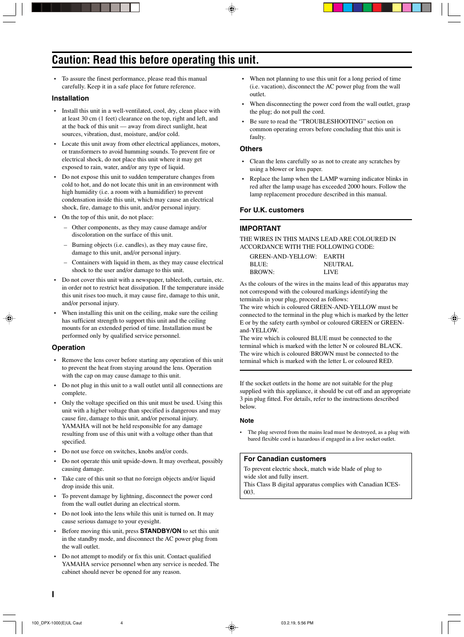 Caution: read this before operating this unit | Yamaha DPX-1000 User Manual | Page 4 / 45