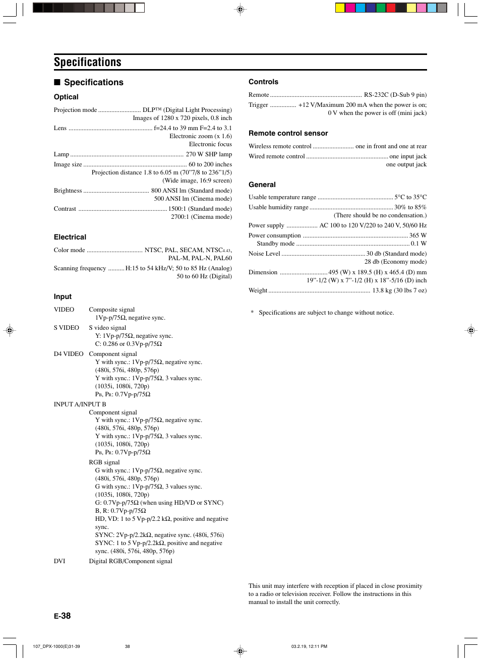 Specifications | Yamaha DPX-1000 User Manual | Page 43 / 45