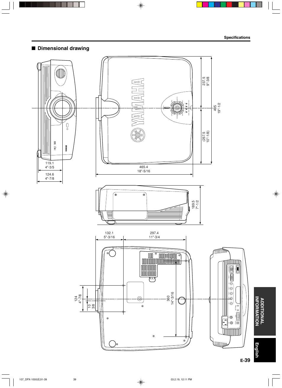 Dimensional drawing | Yamaha DPX-1000 User Manual | Page 44 / 45