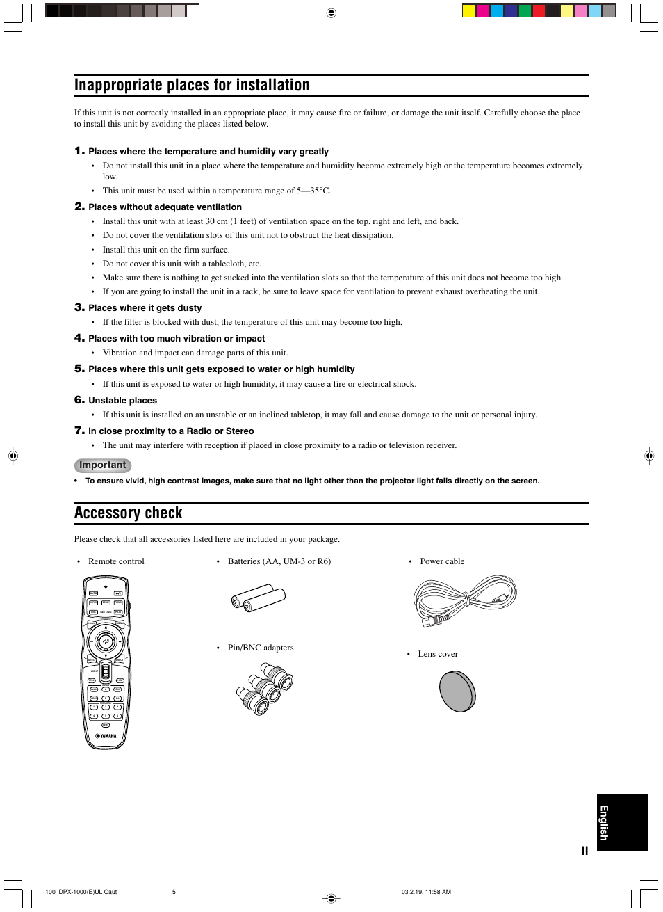 Accessory check, Inappropriate places for installation, English | Important | Yamaha DPX-1000 User Manual | Page 5 / 45