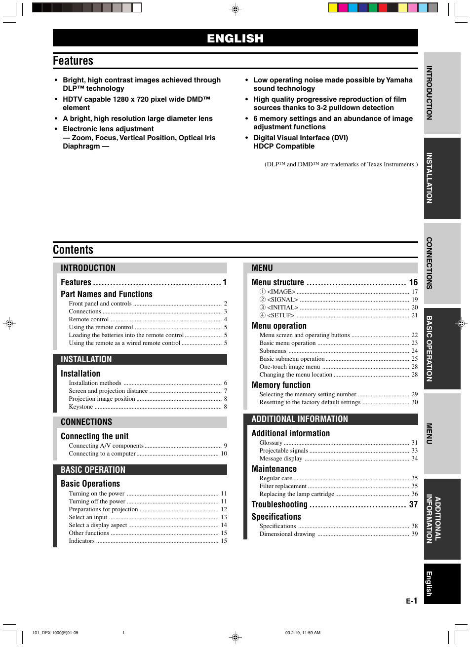 Introduction, Features, English features contents | Yamaha DPX-1000 User Manual | Page 6 / 45