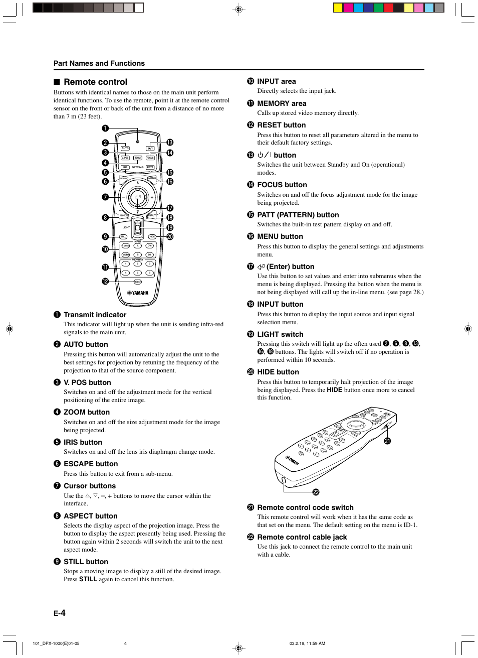 Remote control, Part names and functions, 1 transmit indicator | 2 auto button, 3 v. pos button, 4 zoom button, 5 iris button, 6 escape button, 7 cursor buttons, 8 aspect button | Yamaha DPX-1000 User Manual | Page 9 / 45