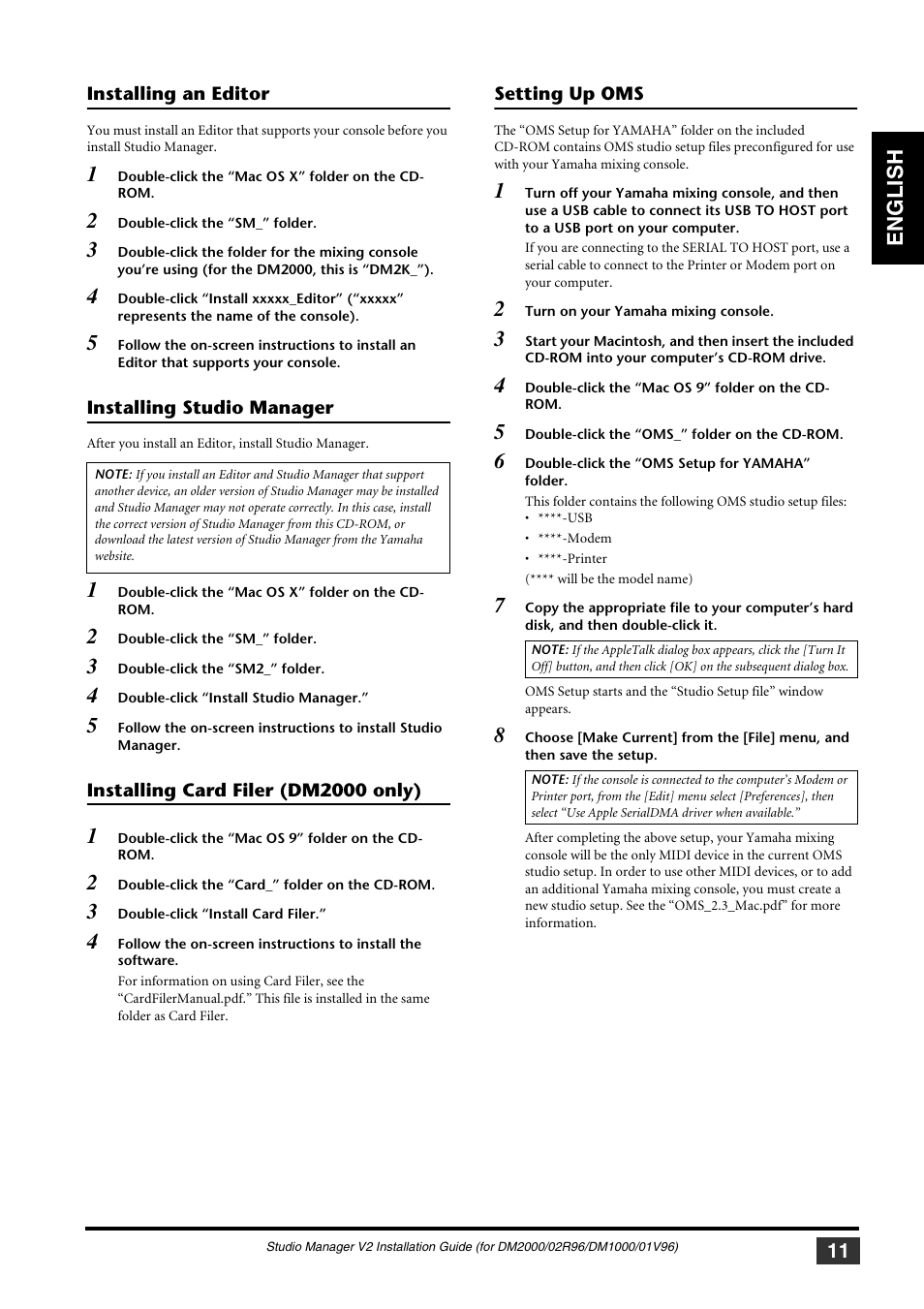 Installing an editor, Installing studio manager, Installing card filer (dm2000 only) | Setting up oms, English | Yamaha 01V User Manual | Page 11 / 15