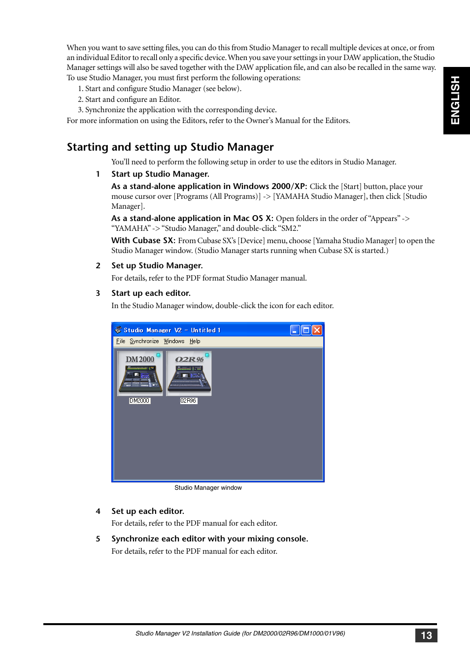 Starting and setting up studio manager, English | Yamaha 01V User Manual | Page 13 / 15