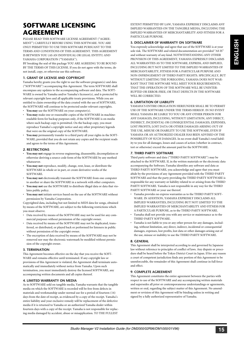Software licensing agreement, English | Yamaha 01V User Manual | Page 15 / 15