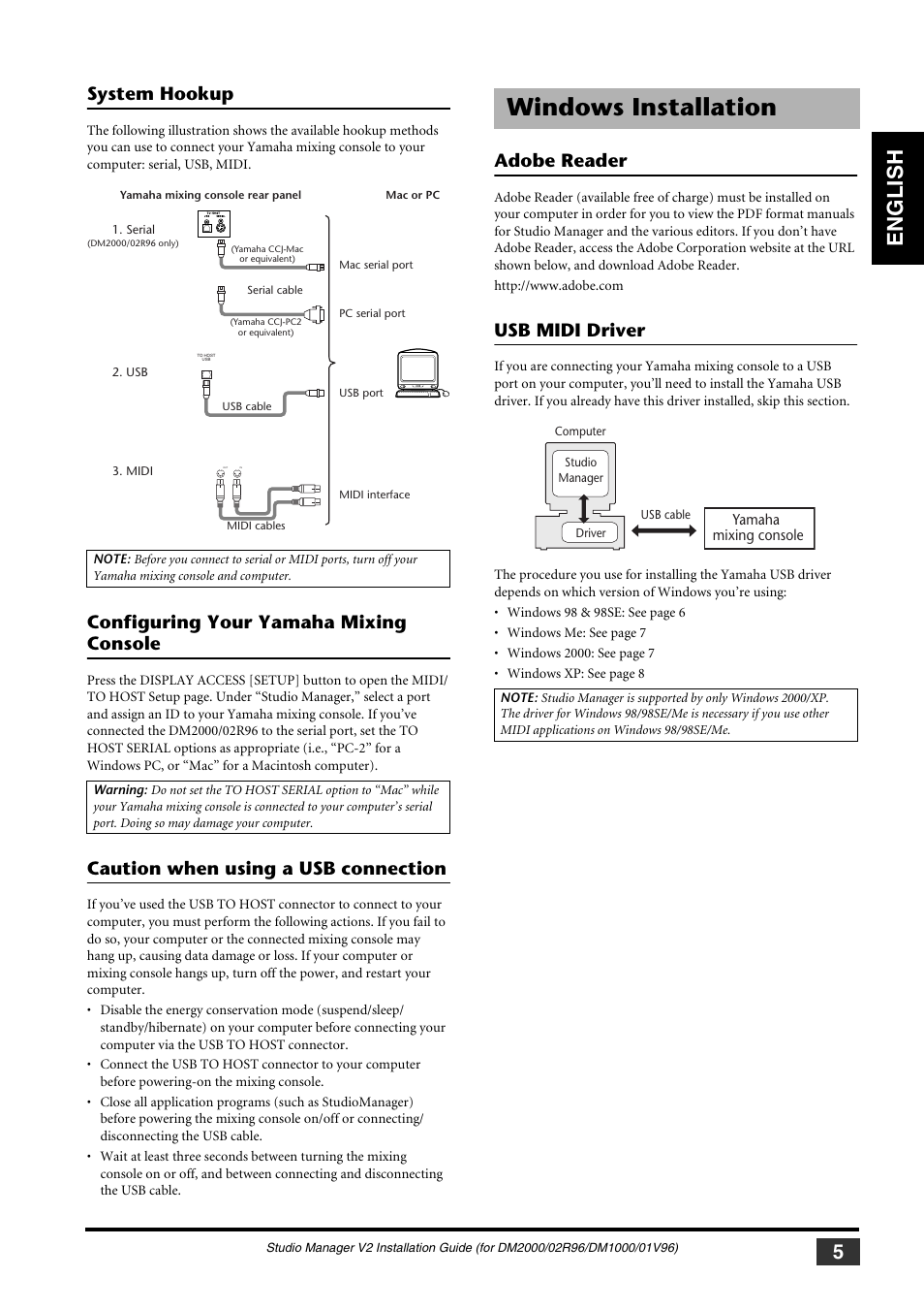 System hookup, Configuring your yamaha mixing console, Caution when using a usb connection | Windows installation, Adobe reader, Usb midi driver, Adobe reader usb midi driver, English | Yamaha 01V User Manual | Page 5 / 15