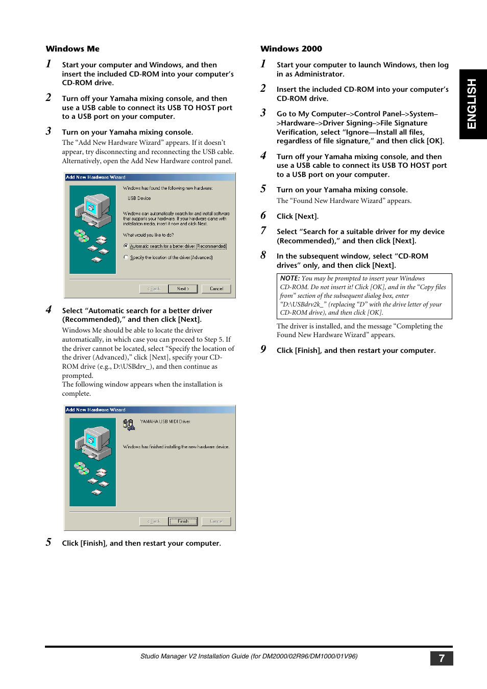 Windows me, Windows 2000, English | Yamaha 01V User Manual | Page 7 / 15