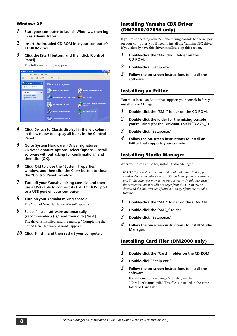 Windows xp, Installing yamaha cbx driver (dm2000/02r96 only), Installing an editor | Installing studio manager, Installing card filer (dm2000 only) | Yamaha 01V User Manual | Page 8 / 15