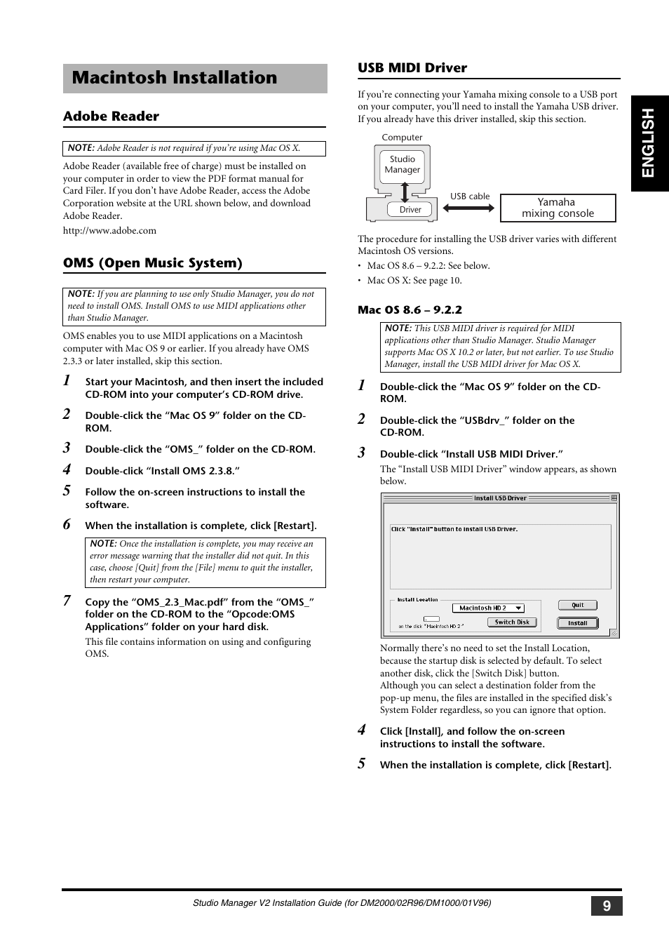 Macintosh installation, Adobe reader, Oms (open music system) | Usb midi driver, Mac os 8.6 – 9.2.2, English | Yamaha 01V User Manual | Page 9 / 15