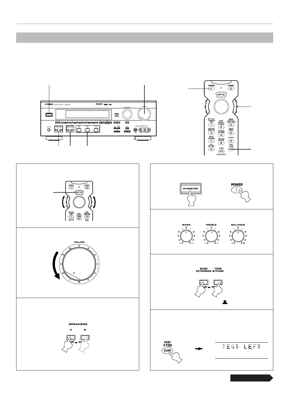 Speaker balance adjustment, Continued, Set to the | Position, Turn on the power, Set to the “0” position, Set to the “off ( ), Aon off on off b, Front panel, Remote control | Yamaha RX-V795 User Manual | Page 34 / 92