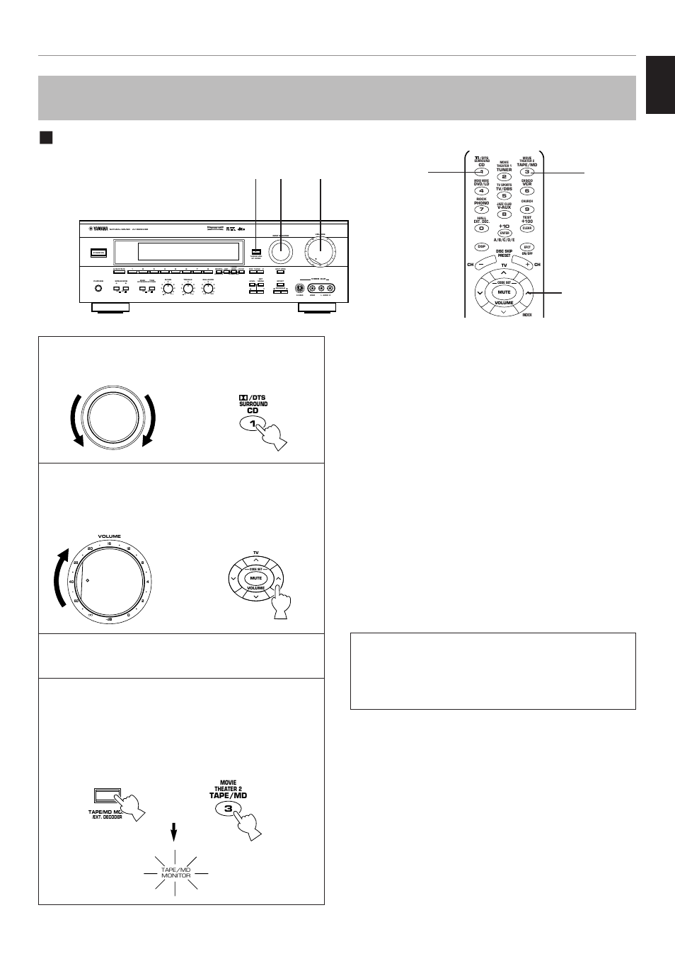 Recording the playing source to tape (or md), English, Select the source you want to record | Front panel or remote control, Aon off on off b, Front panel, Remote control, Basic operation | Yamaha RX-V795 User Manual | Page 41 / 92