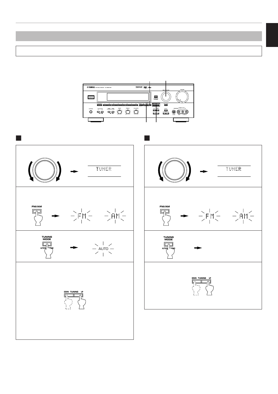 Tuning, Basic operation, Automatic tuning Ⅵ manual tuning | English, Select “tuner” as the input source, Turn the “auto” indicator off, Aon off on off b | Yamaha RX-V795 User Manual | Page 43 / 92